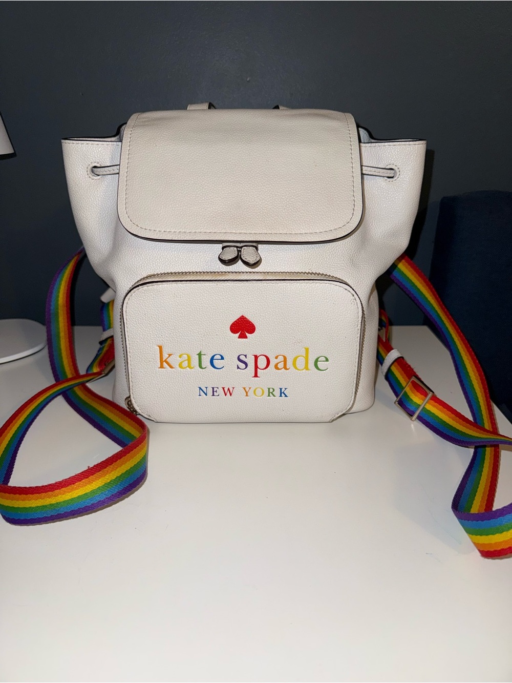 Kate Spade White Backpack with Rainbow Logo and Straps